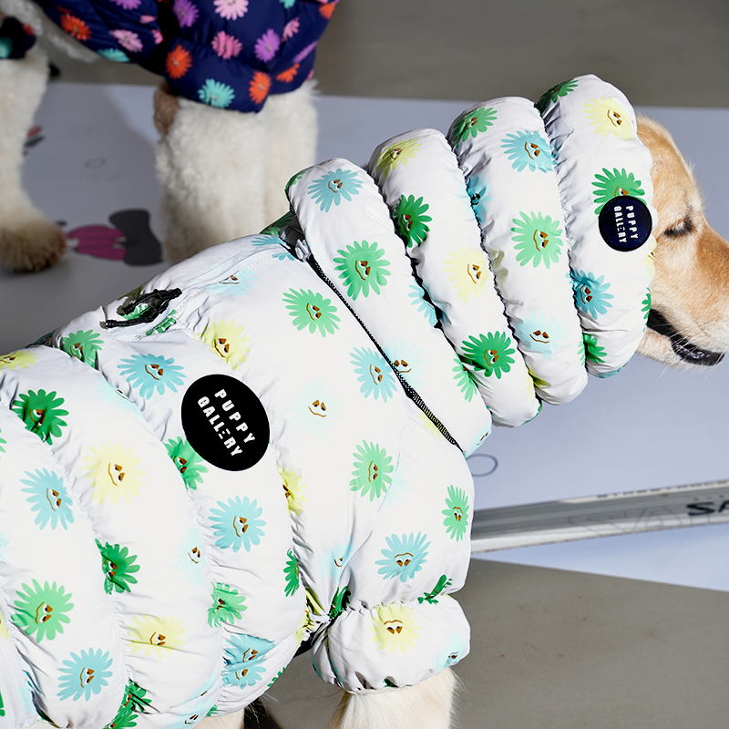 golden retriever wearing Anemone Cloud Padding Snood in beige color