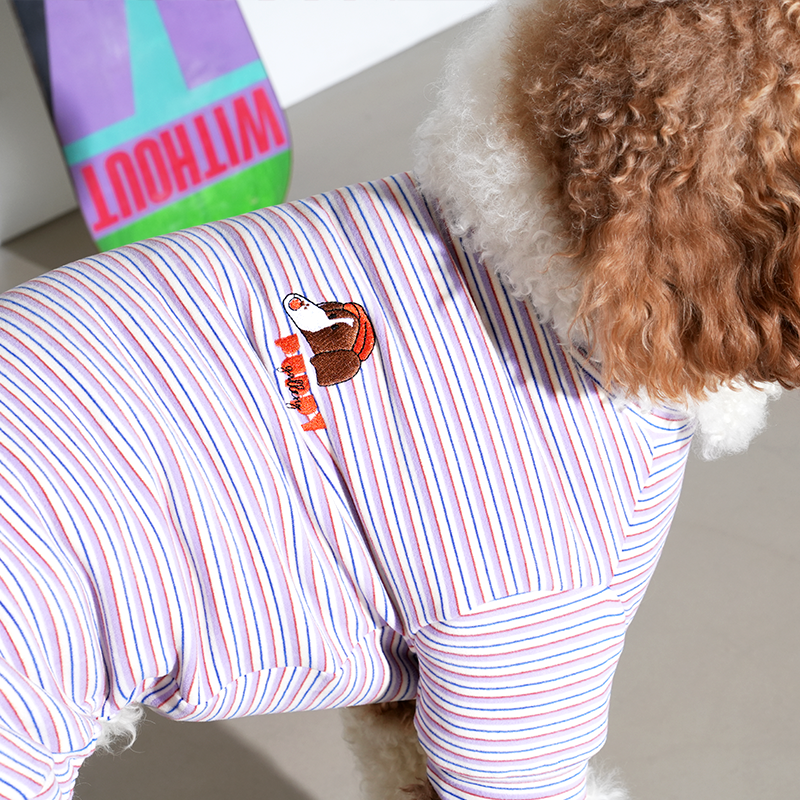 standard poodle wearing Jamjam stripe all in one in purple color