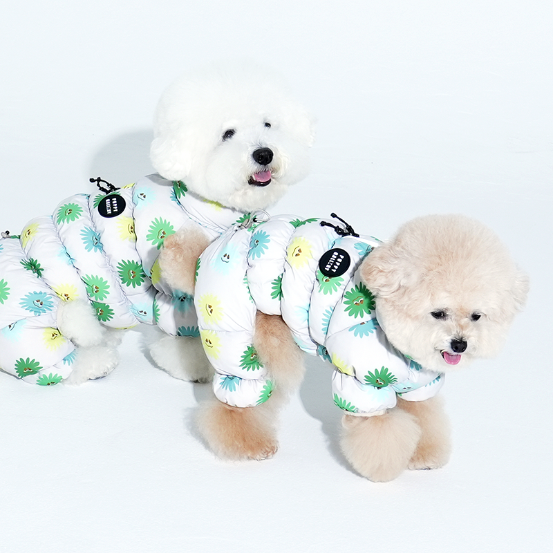 bichon and poodle are wearing anemone cloud all in one in beige color