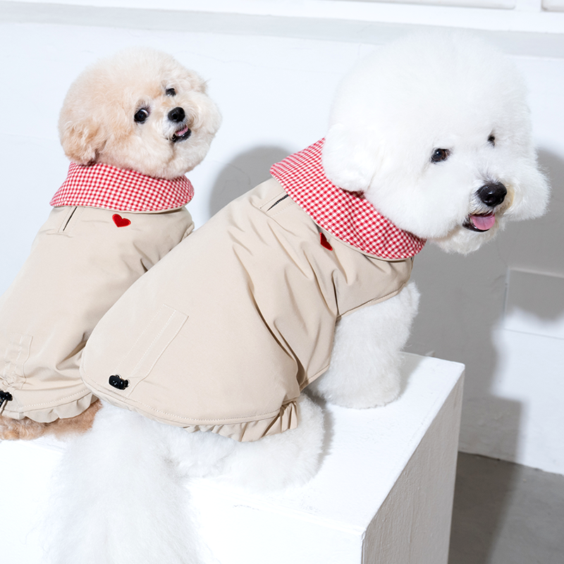 Bichon and Poodle wearing check my heart padding beige and red checker with heart embroidered