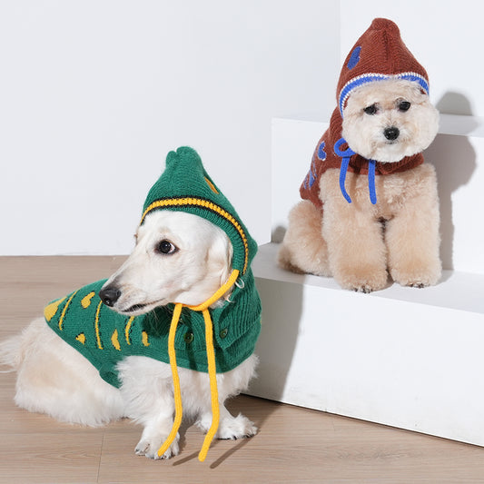 dachshund wearing Love Edition Knit Vest & Bonnet set in green color, poodle wearing Love Edition Knit Vest & Bonnet set in brown color